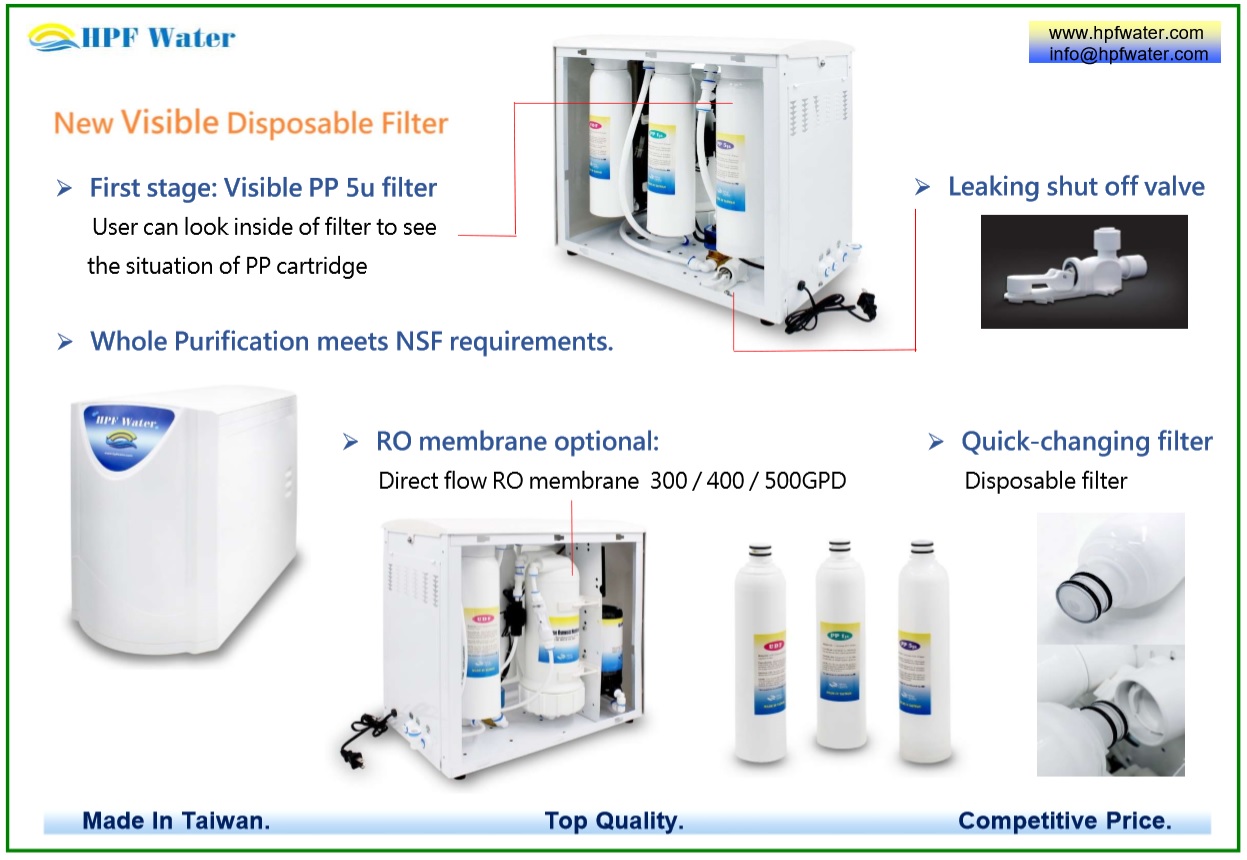 Direct Flow RO appliance 500GPD with Quick-change filter meets NSF requirements made in Taiwan.